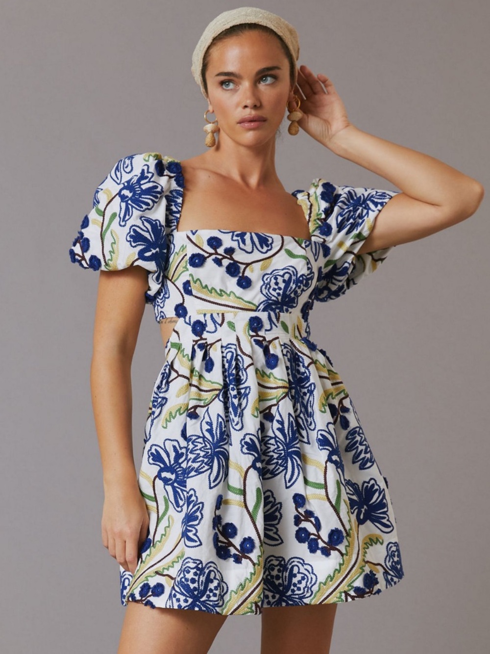 Anthropologie Puff-Sleeve Babydoll Mini Dress Tiered Floral Cutout Small Petite